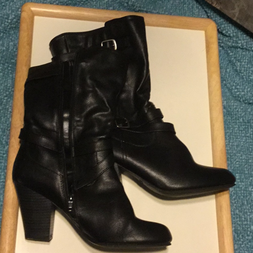Black faux leather healed boots
